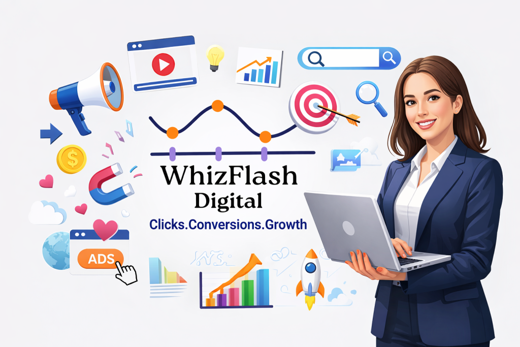 WhizFlash Digital online marketing banner with business growth, SEO, ads, and social media elements